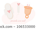 Illustration of feminine hygiene icons set with sanitary pad tampon and menstrual cup isolated on white background, periods are cool inscription. 106533000