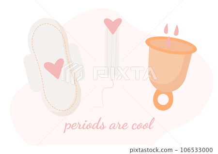 Illustration of feminine hygiene icons set with sanitary pad tampon and menstrual cup isolated on white background, periods are cool inscription. 106533000