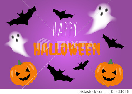 Happy Halloween party poster for october event invitation, purple background with scary pumpkin, flying black bats and ghosts. Happy halloween bright text. 106533016