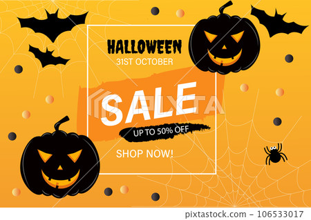 Advertising orange banner for Halloween autumn sale, poster with halloween 31 st October sale up to 50 percent off shop now inscription, placard decorated with pumpkins spider and flying bats. Advertising orange banner for Halloween autumn sale, poster with halloween 31 st October sale up to 50 percent off shop now inscription, placard decorated with pumpkins spider and flying bats. 106533017