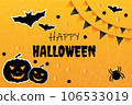 Happy Halloween party poster for october event invitation, orange background with scary pumpkin, flying black bats and spider. Happy halloween black text. 106533019