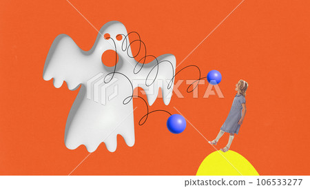Contemporary art collage. Pretty little girl dressed retro outfit shouting because ghost eyes fell out on springs isolated orange background. Contemporary art collage. Pretty little girl dressed retro outfit shouting because ghost eyes fell out on springs isolated orange background. 106533277