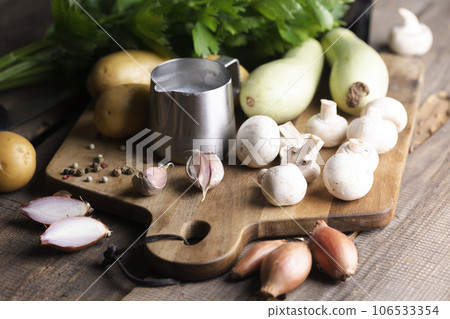 soup ingredients on wooden table soup ingredients on wooden table 106533354