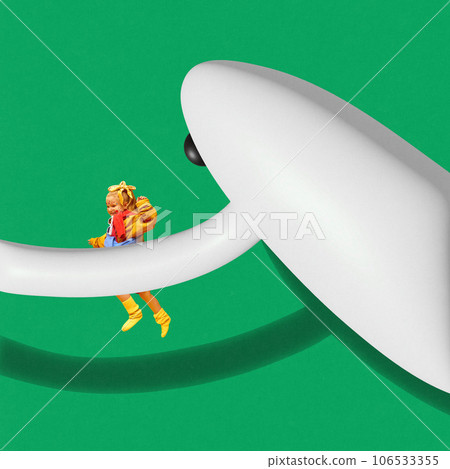 Contemporary art collage. Huge white frightening ghost catching running little girl dressed bright clothes isolated green background. Contemporary art collage. Huge white frightening ghost catching running little girl dressed bright clothes isolated green background. 106533355