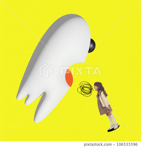 Contemporary art collage. Minimal picture of little girl dressed retro and scares strange white ghost with her scream isolated yellow background. Contemporary art collage. Minimal picture of little girl dressed retro and scares strange white ghost with her scream isolated yellow background. 106533396