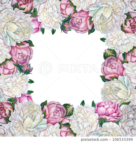 Frame of white and pink peonies. Oil painting. Bouquet of flowers. For wedding cards, fabric,wallpaper, textiles. Frame of white and pink peonies. Oil painting. Bouquet of flowers. For wedding cards, fabric,wallpaper, textiles. 106533399