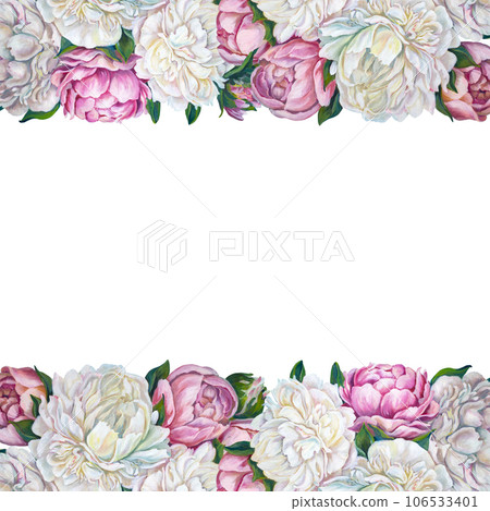 Frame of white and pink peonies. Oil painting. Bouquet of flowers. For wedding cards, fabric,wallpaper, textiles. Frame of white and pink peonies. Oil painting. Bouquet of flowers. For wedding cards, fabric,wallpaper, textiles. 106533401