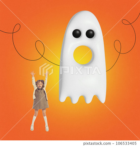 Contemporary art collage. Pretty little girl dressed retro outfit jumping with scaring strange ghost isolated orange background. Contemporary art collage. Pretty little girl dressed retro outfit jumping with scaring strange ghost isolated orange background. 106533405