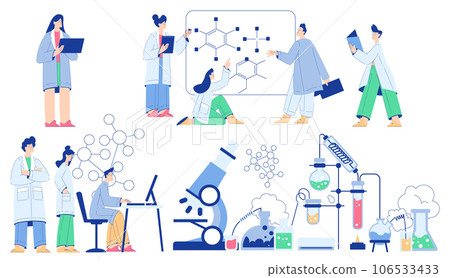 Chemistry with People Scientist Character Conducting Science Experiment in Chemical Laboratory Vector Set Chemistry with People Scientist Character Conducting Science Experiment in Chemical Laboratory Vector Set 106533433