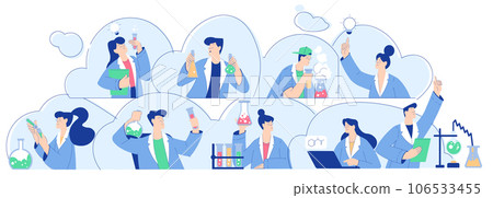Chemistry with People Scientist Character Conducting Science Experiment in Chemical Laboratory Vector Set 106533455