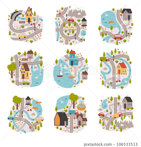 Cartoon City Map with Road, Car and House Vector Set 106533513
