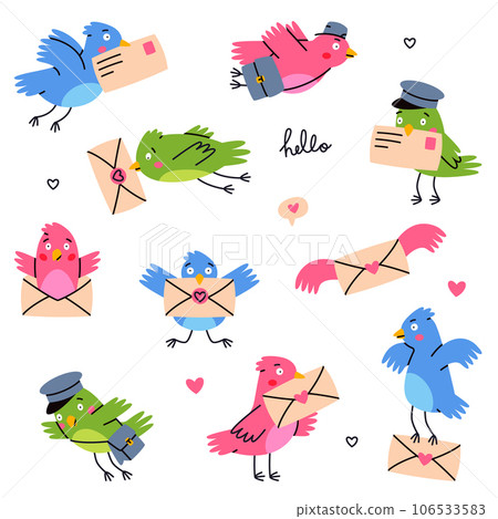 Cute Bird Carrying Envelope with Letter Vector Set Cute Bird Carrying Envelope with Letter Vector Set 106533583