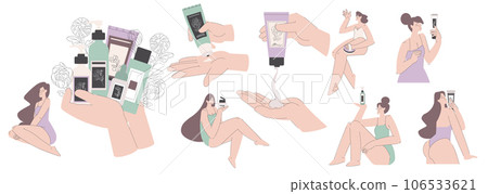 Beauty Treatment Procedure with Woman Use Cosmetic Product for Body Care Vector Set 106533621