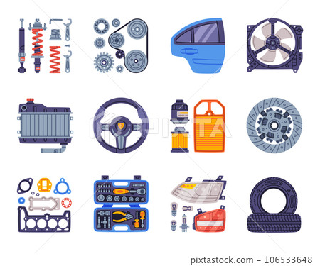 Auto Spare Parts and Elements for Car Repair Vector Set 106533648