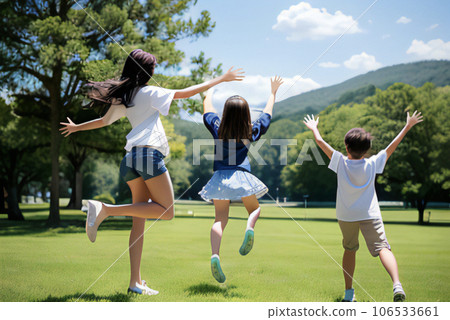 Rear view of young mother, girl and boy jumping, generative AI 106533661