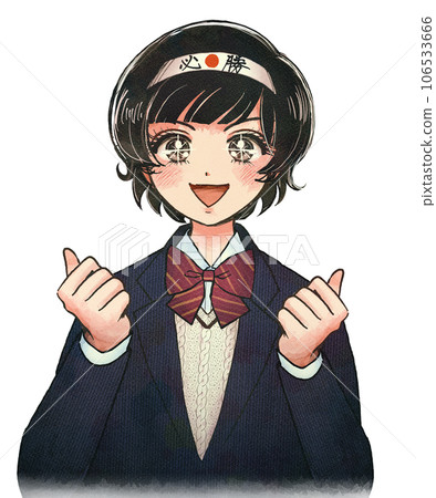 An illustration cheering for a high school girl wearing a retro manga style headband 106533666