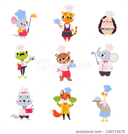Cute Animals Chef Character in Uniform Cooking Meal Vector Set 106533670