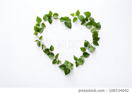 Heart shape with eco green small leaf white background. 106534092