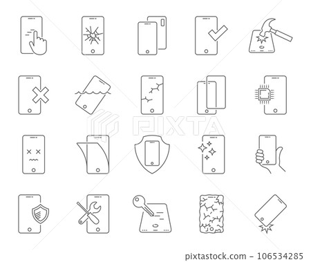 Repair of smartphones icons set. Breakage and protection of the smartphone, thin line design. Repair Center. Editable stroke. EPS 10. 106534285