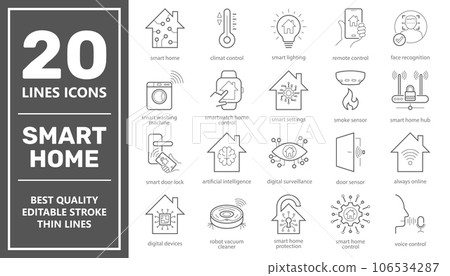 Smart Home vector line icons set. Smart systems and digital technology. Elements for mobile concepts and web apps. Collection modern infographic icons and pictograms. Editable Stroke 106534287