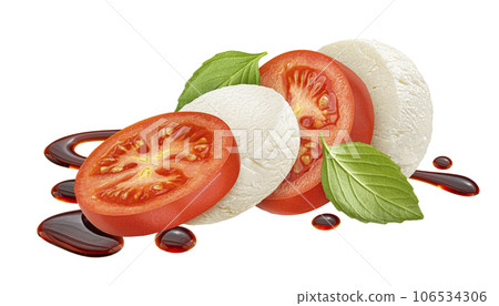 Mozzarella and tomato slices with basil and balsamic dressing isolated on white background Mozzarella and tomato slices with basil and balsamic dressing isolated on white background 106534306