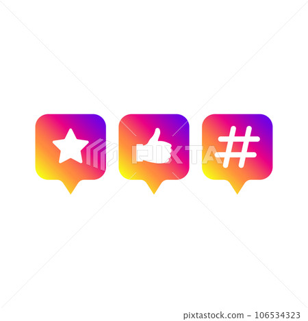 Social media modern sign. Like, follower, hashtag, gradient color. Like button, icon, symbol, ui, app, web. Vector illustration. 106534323