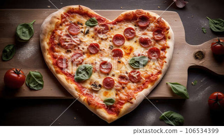 Pizza in Shape of Heart, Love Pizza, Deliciously Baked Italian Pizza with Cheese, Pepperoni, Sausage, and Fresh Vegetables with Basil 106534399