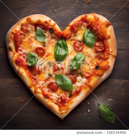 Pizza in Shape of Heart, Love Pizza, Deliciously Baked Italian Pizza with Cheese, Pepperoni, Sausage, and Fresh Vegetables with Basil Pizza in Shape of Heart, Love Pizza, Deliciously Baked Italian Pizza with Cheese, Pepperoni, Sausage, and Fresh Vegetables with Basil 106534400