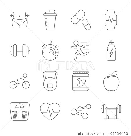 Simple set sport, fitness, gym equipment related vector line icons. Fitness training, bodybuilding, dumbbells, weight loss, muscle Simple set sport, fitness, gym equipment related vector line icons. Fitness training, bodybuilding, dumbbells, weight loss, muscle 106534450