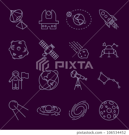 Set of Thin LineVector Astronomy and Space Icons. Spaceman, astronaut, solar system, galaxy, planet, earth, satellite, shuttle, rocket, orbit, asteroid. Editable Stroke 106534452