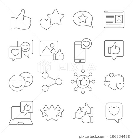 Social network, network of people and media icons. Contains such as Profile Page, Rating, Likes, Social Links and other. Editable Stroke 106534458