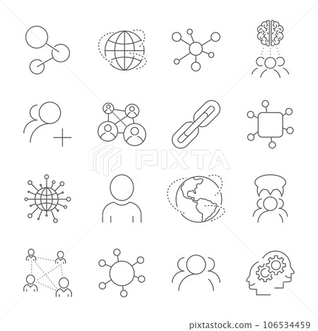 Social network, network of people and media icons. Contains such as Profile Page, Rating, Likes, Social Links and other. Editable Stroke 106534459