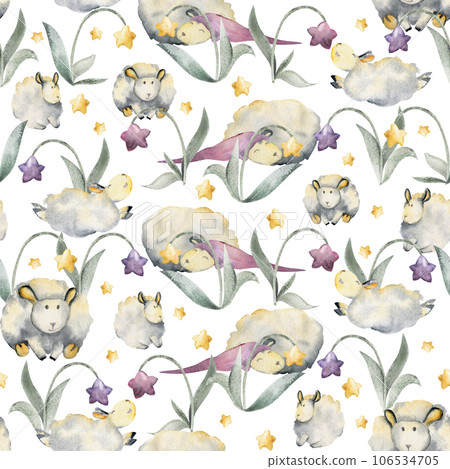 Watercolor hand drawn illustration, cute plush baby sheep in magical star flower field. Seamless pattern Isolated on white background. For kids, children bedroom, fabric, linens print, cards art Watercolor hand drawn illustration, cute plush baby sheep in magical star flower field. Seamless pattern Isolated on white background. For kids, children bedroom, fabric, linens print, cards art 106534705