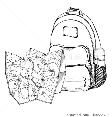Ink hand drawn vector graphic outline sketch.Tourist accessories backpack rucksack bag, vacuum flask, navigation folded map. Design for tourism, travel, brochure, wedding, guide, print, card tattoo. 106534708