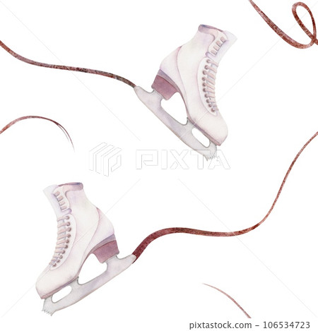 Hand drawn watercolor figure skating boots, winter sports gear, ice trail swirl glitter. Illustration isolated seamless pattern, white background. Design for poster, print, website, card, invitation Hand drawn watercolor figure skating boots, winter sports gear, ice trail swirl glitter. Illustration isolated seamless pattern, white background. Design for poster, print, website, card, invitation 106534723