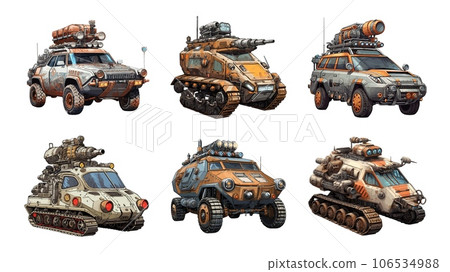 Steam-punk military CUV vehicles in cartoon color sketch style. Wheeled and tracked SUV cars with lighting equipment and weapons isolated on white 106534988