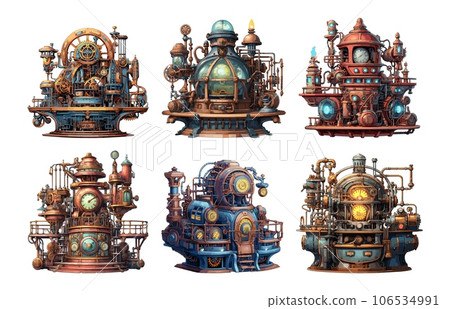 Steam-punk complex machines with coggears and lamplights. Retro engines, vintage mechanism set colour illustration on white background 106534991