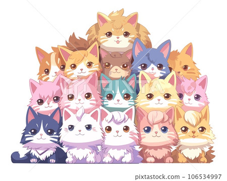 Soft kittens pile. Large group of cute cats in anime colors isolated on white background 106534997