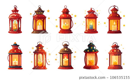 Red christmas lanterns with candles. Lantern xmas decoration, candle light. Winter holiday interior and outdoor decorations, vector isolated elements 106535155