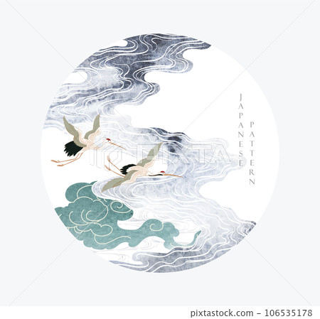 Crane birds vector. Japanese background with watercolor texture painting texture. Oriental natural wave pattern with chinese cloud decoration banner design in vintage style. 106535178