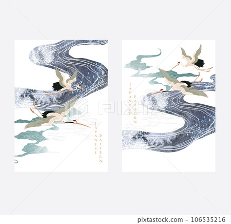 Crane birds vector. Japanese background with watercolor texture painting texture. Oriental natural wave pattern with ocean sea decoration banner design in vintage style. Chinese cloud template. 106535216