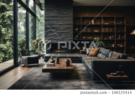 Wood and black tone living room interior modern style. Wood and black tone living room interior modern style. 106535414