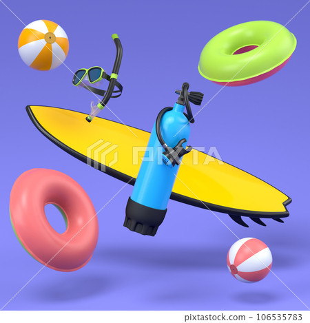 Colorful surfboard, beach ring, umbrellas and scuba mask on violet background. 106535783