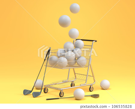 Set of ball like basketball, football and golf in shopping cart on yellow Set of ball like basketball, football and golf in shopping cart on yellow 106535828