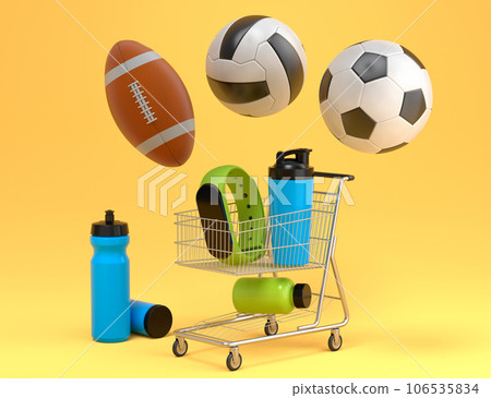 Sport equipment for fitness, gym, crossfit in shopping cart on yellow Sport equipment for fitness, gym, crossfit in shopping cart on yellow 106535834