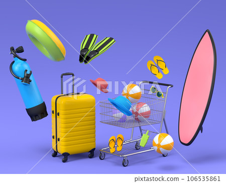 Colorful luggage with beach accessories and shopping trolley on violet 106535861