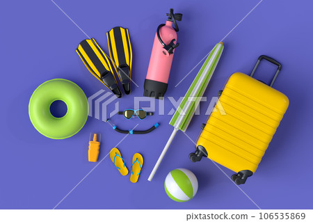 Colorful suitcase or baggage with beach accessories on violet background. 106535869
