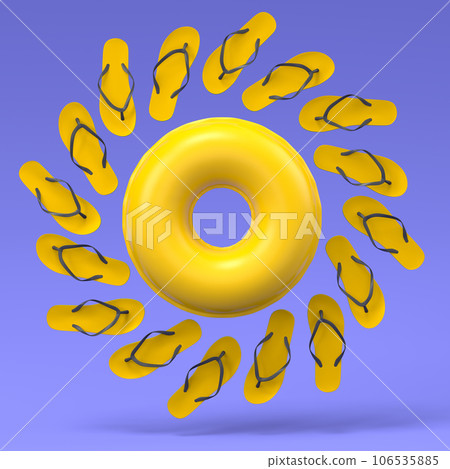 Colorful inflatable ring and flip flops like sun on violet background 106535885