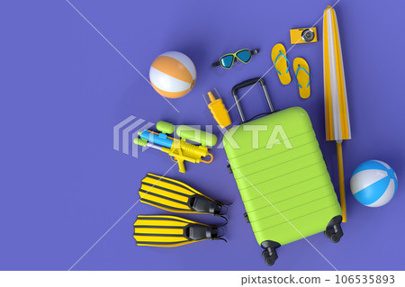 Colorful suitcase or baggage with beach accessories on violet background. Colorful suitcase or baggage with beach accessories on violet background. 106535893