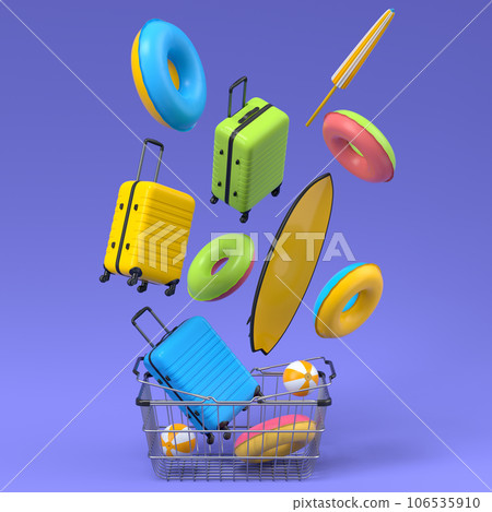 Colorful luggage with beach accessories and shopping basket on violet background Colorful luggage with beach accessories and shopping basket on violet background 106535910